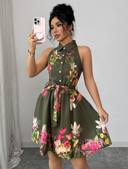 Women's Casual Printed Waist-Cinching Halter-Neck Lace-Up Dress