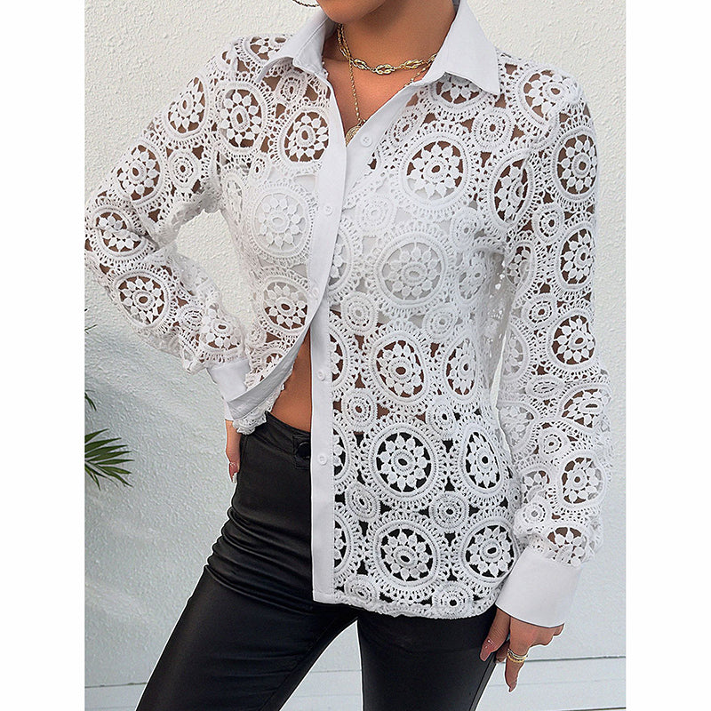 Women's Lace Floral Boho Blouse - Long Sleeve Button Down Shirt For Spring & Fall