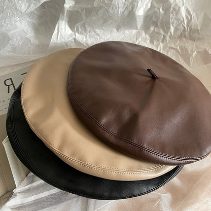 Brown Beret Women's Large Head Circumference Leather
