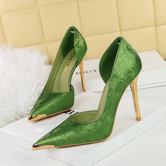 Satin Metal Pointed High Heel Thin Heel Shallow Single Shoes