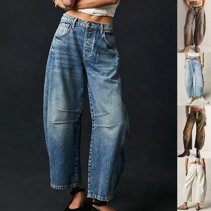 High Stretch Mid-Rise Barrel Jeans Fashion Wide Leg Shape Women Casual Baggy Mid Waist Denim Jeans