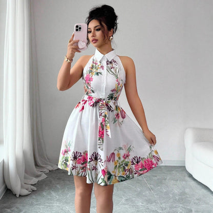 Women's Casual Printed Waist-Cinching Halter-Neck Lace-Up Dress