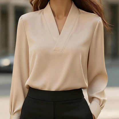 Women's Elegant V-Neck Blouse, Solid Color Shiny Finish Long Sleeve Dress Shirt For Office And Casual Wear