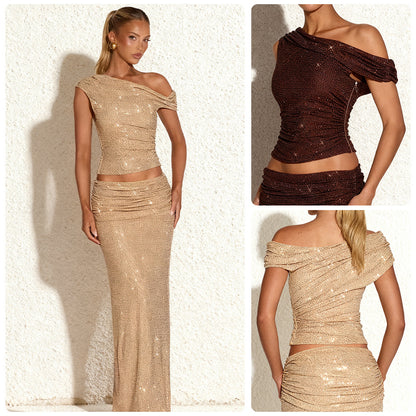 Full-diamond Two-piece Set Asymmetrical One-shoulder