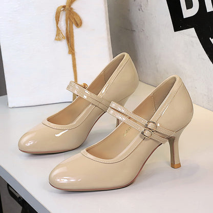 Slender Heel Round Toe Shallow Double Buckle Gentle Jk With Skirt Mary Jane Shoes