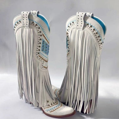 Retro Embroidered Rhinestone Slip-on Tassel Boots For Women