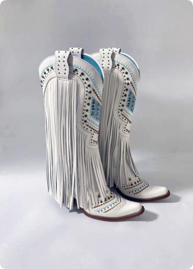 Retro Embroidered Rhinestone Slip-on Tassel Boots For Women