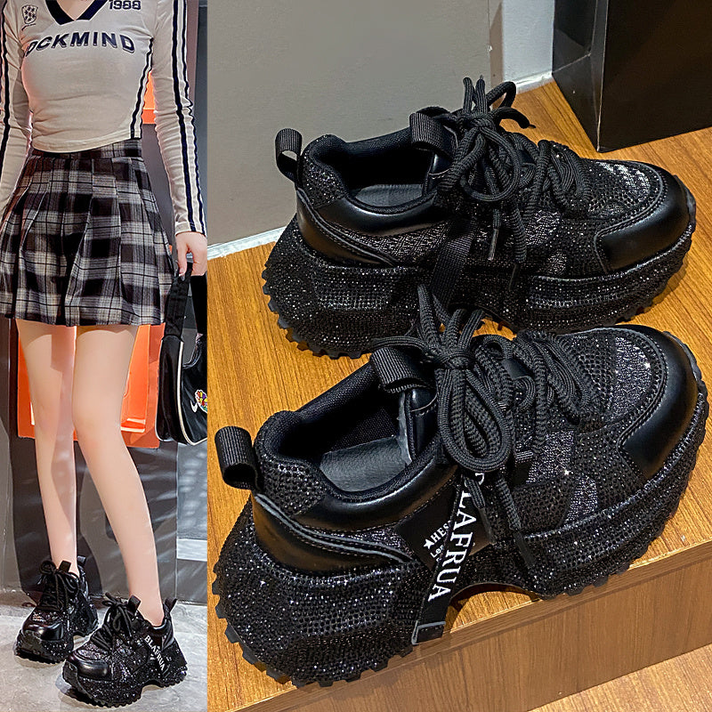 Shiny Sequin Women's High-top Sneakers With Thick Soles, Lace-up Fashion Shoes Featuring Silver And Red Rhinestone Design