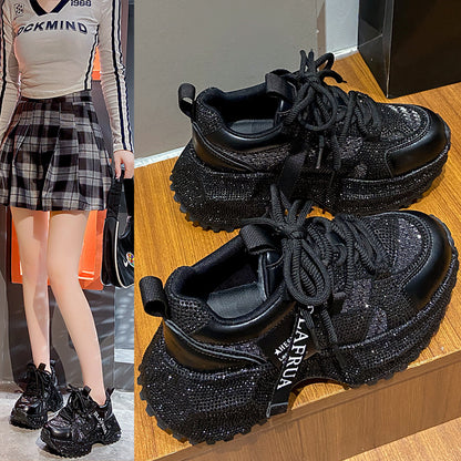 Shiny Sequin Women's High-top Sneakers With Thick Soles, Lace-up Fashion Shoes Featuring Silver And Red Rhinestone Design