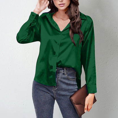Women's Elegant Satin Lapel Shirt, Long Sleeve Button-Down Blouse For Casual And Office Wear