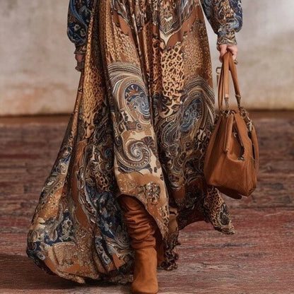 Bohemian-print Long-sleeve Figure-flattering Dress With Balloon Sleeves