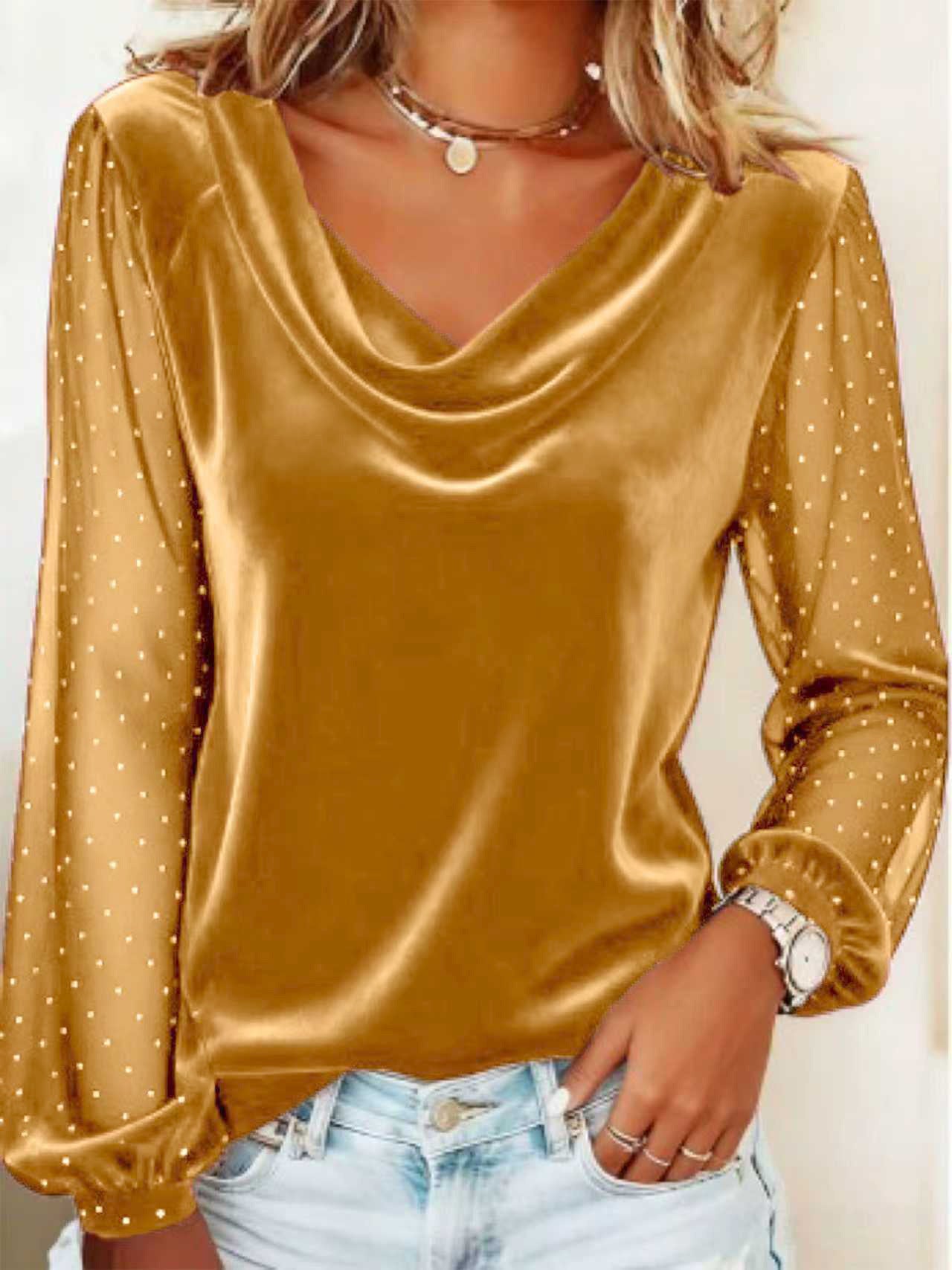 Women's V-neck Mesh T-shirt With Rhinestones And Puffed Sleeves