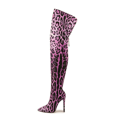 Pointed-toe Stiletto Leopard Print Stretch Thin Boots Nightclub Bar Pole Dance