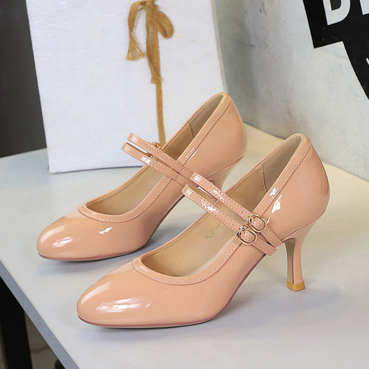 Slender Heel Round Toe Shallow Double Buckle Gentle Jk With Skirt Mary Jane Shoes