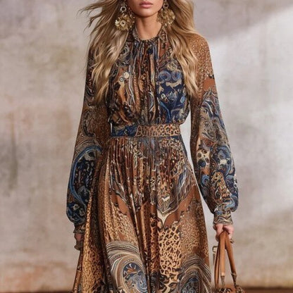 Bohemian-print Long-sleeve Figure-flattering Dress With Balloon Sleeves