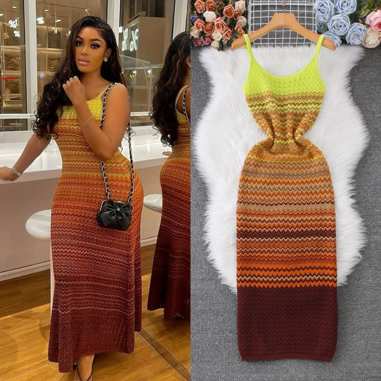 French-style Vintage Ombre Striped Sleeveless Slip Knit Dress