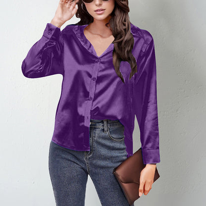 Women's Elegant Satin Lapel Shirt, Long Sleeve Button-Down Blouse For Casual And Office Wear