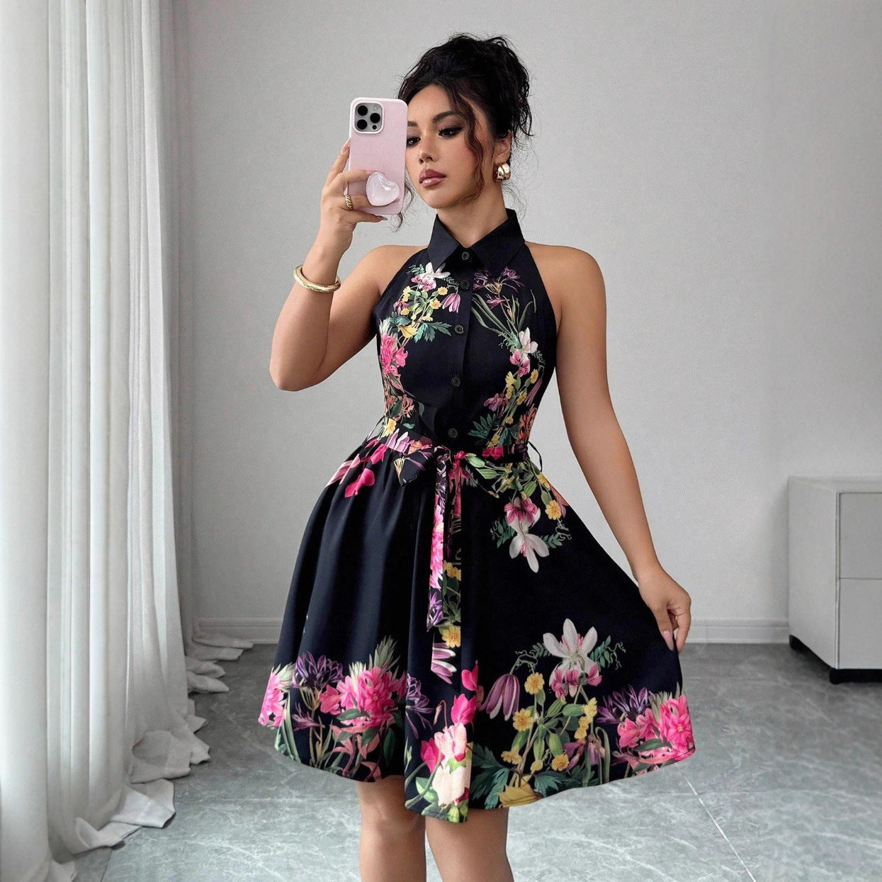 Women's Casual Printed Waist-Cinching Halter-Neck Lace-Up Dress