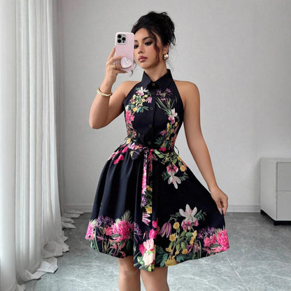 Women's Casual Printed Waist-Cinching Halter-Neck Lace-Up Dress