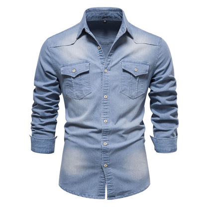 Men's Long-sleeved Denim Shirt Casual Solid Button Slim Tops Clothing