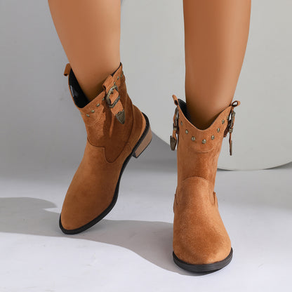 New Pointed Stitching Rivet Sleeve Women's Mid Boots