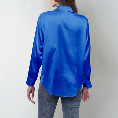 Women's Elegant Satin Lapel Shirt, Long Sleeve Button-Down Blouse For Casual And Office Wear