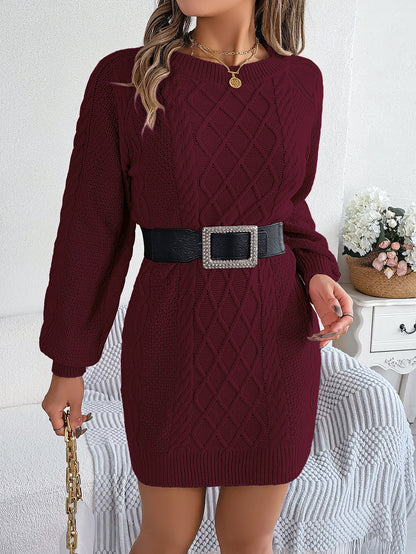 Women Solid Color Cable Knit Cinched Lantern Sleeve Sweater Dress