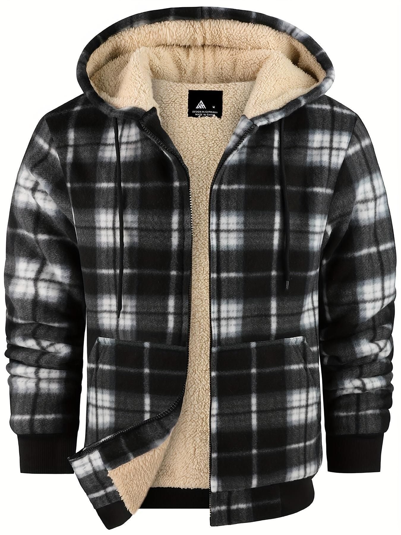 Men's Plaid Print Hooded Zip-Up Jacket Winter Thickened Cotton-padded Coat Warm Clothing