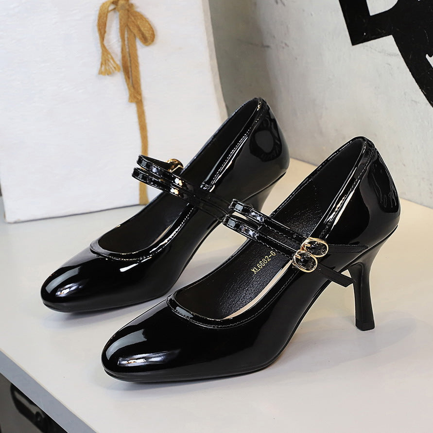 Slender Heel Round Toe Shallow Double Buckle Gentle Jk With Skirt Mary Jane Shoes