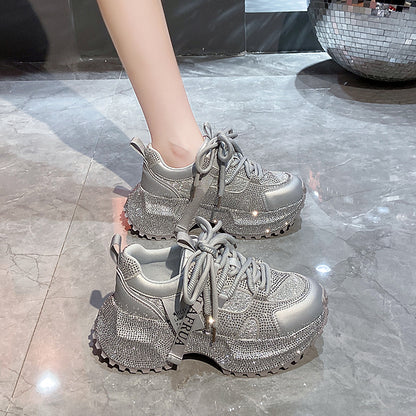 Shiny Sequin Women's High-top Sneakers With Thick Soles, Lace-up Fashion Shoes Featuring Silver And Red Rhinestone Design