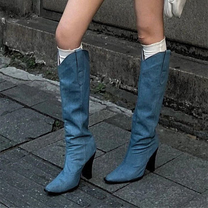 Niche Slimming V Cut Blue Waterproof Platform Western Cowboy Boot