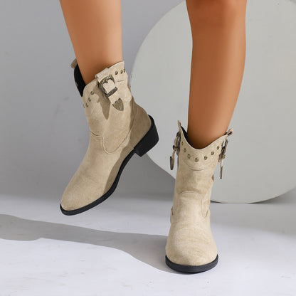 New Pointed Stitching Rivet Sleeve Women's Mid Boots
