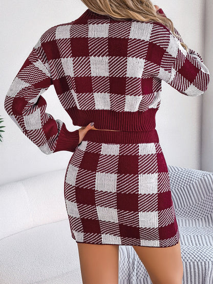 Women Casual Color Block Plaid Long Sleeve Cropped Sweater & Skirt Set
