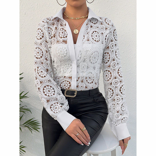 Women's Lace Floral Boho Blouse - Long Sleeve Button Down Shirt For Spring & Fall