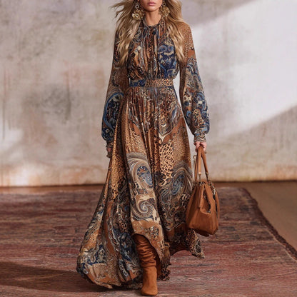 Bohemian-print Long-sleeve Figure-flattering Dress With Balloon Sleeves