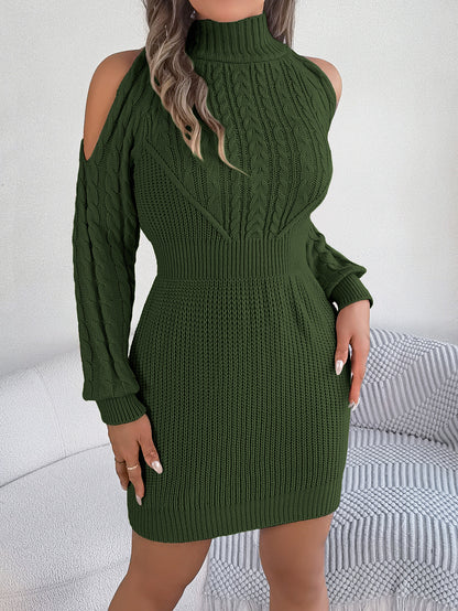 Women Casual Off-Shoulder Half Turtleneck Cable Knit Lantern Sleeve Bodycon Sweater Dress