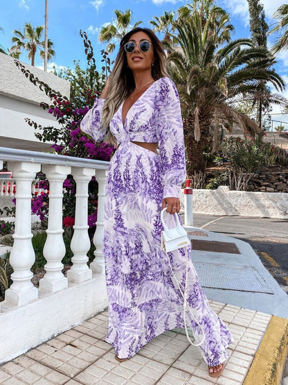 Elegant Women's Hollow Floor V-neck Long-sleeved Plant Dress Long Dresses Spring Summer Print V-neck Long Sleeve Dress