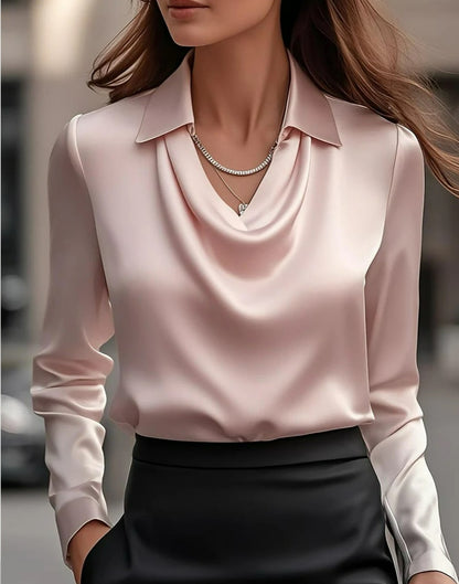 Women's Swing Collar Draped Shirts & Blouses Elegant Solid Satin Office Ladies Top Pullover Spring Long Sleeve Casual Tops