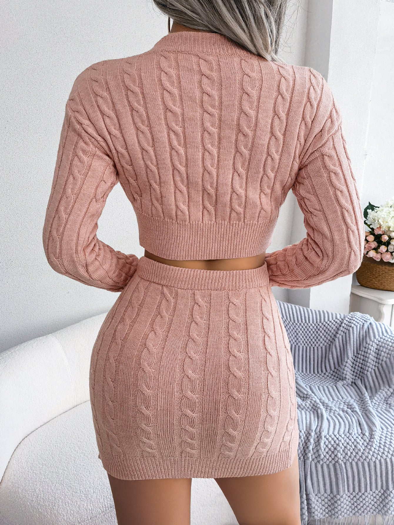 Casual Cable Knit Cropped Sweater Bodycon Dress Set