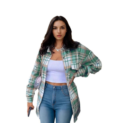 Women's Lapel Plaid Pocket Long Sleeve Shirt Jacket