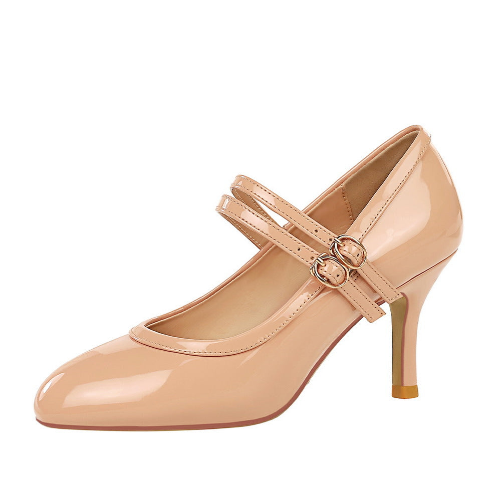 Slender Heel Round Toe Shallow Double Buckle Gentle Jk With Skirt Mary Jane Shoes