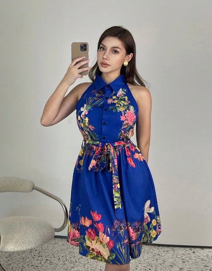 Women's Casual Printed Waist-Cinching Halter-Neck Lace-Up Dress