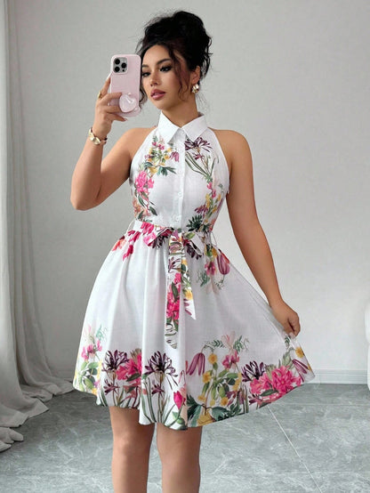 Women's Casual Printed Waist-Cinching Halter-Neck Lace-Up Dress