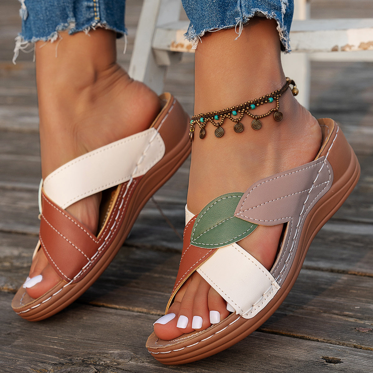 Women's Cork Wedge Sandals With Leaf Design, Red-brown Gladiator-style Lace-up, Espadrille-style Summer Casual Shoes