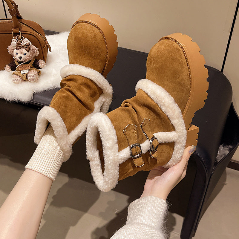 Women's Brown Suede Snow Boots Paired With White Fluffy Thick-soled Martin-style Short Boots, Comfortable Winter Ankle Boots With Sparkling Outfit And Creative Design