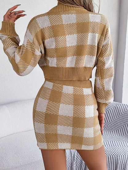 Women Casual Color Block Plaid Long Sleeve Cropped Sweater & Skirt Set