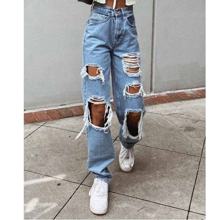 Women's American Retro Hole-punched Jeans Women High Waist Straight-crotch Loose Slim Design High-street Vibe Wide-legged Dragging Pants
