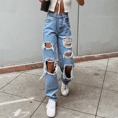 Women's American Retro Hole-punched Jeans Women High Waist Straight-crotch Loose Slim Design High-street Vibe Wide-legged Dragging Pants