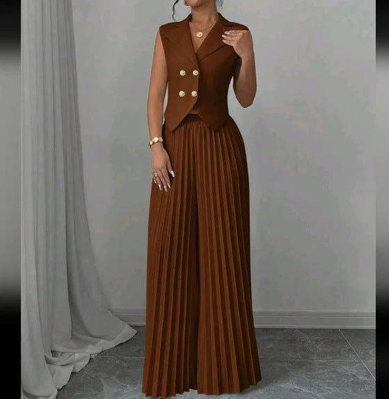 Summer Sleeveless Suit Fashion Lapel Button Vest Top And Pleated Straight Pants Women's Trousers Set Clothing