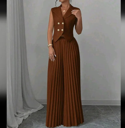 Summer Sleeveless Suit Fashion Lapel Button Vest Top And Pleated Straight Pants Women's Trousers Set Clothing
